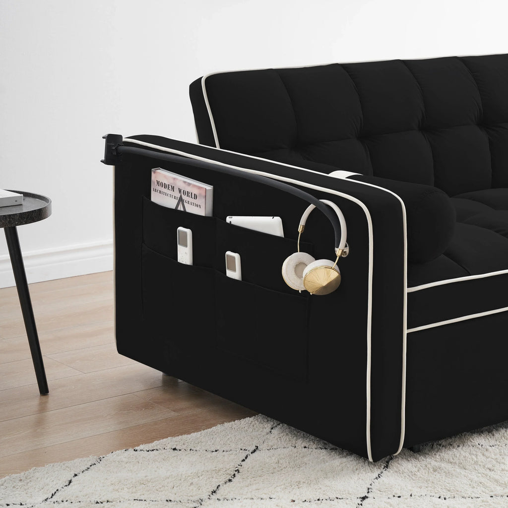 Sofá-Cama Convertível de Veludo para 2 Pessoas, com 55', Cama Extensível, Encosto Reclinável Ajustável, Bolsos Laterais e Suporte para Telemóvel
