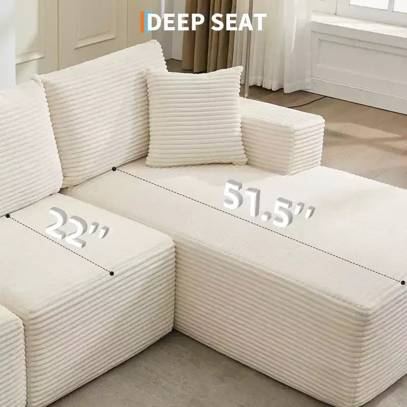 108 modernes Sofa, 3-Sitzer-Sofa in L-Form mit Polsterbezug und Kissen, Sofa mit tiefer Sitzfläche, keine Montage erforderlich