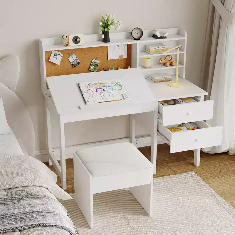 Ensemble bureau et chaise pour enfants, table d’étude en bois avec plateau inclinable réglable, tiroirs et tableau en liège – ensemble bureau d’apprentissage scolaire pour enfants