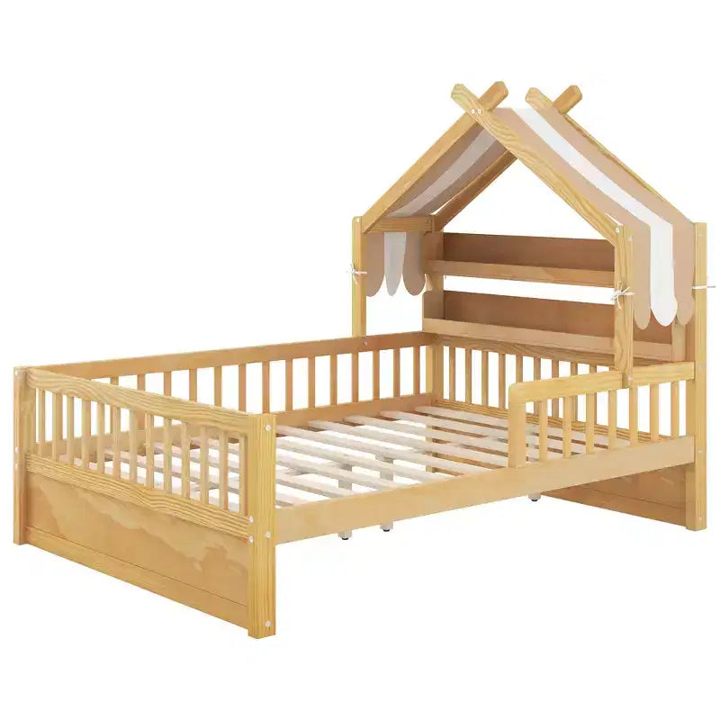 Cama-casa de madeira ModernLuxe para colchão individual/cama de casal com cabeceira com arrumação, estrutura de cama infantil em pinho maciço com grades de proteção