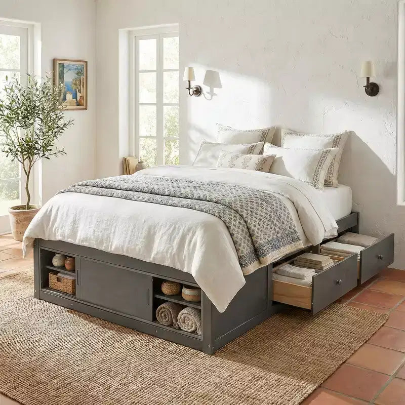 Cadre de lit plateforme Queen Whisen avec 4 tiroirs de rangement et rangement dans le pied de lit