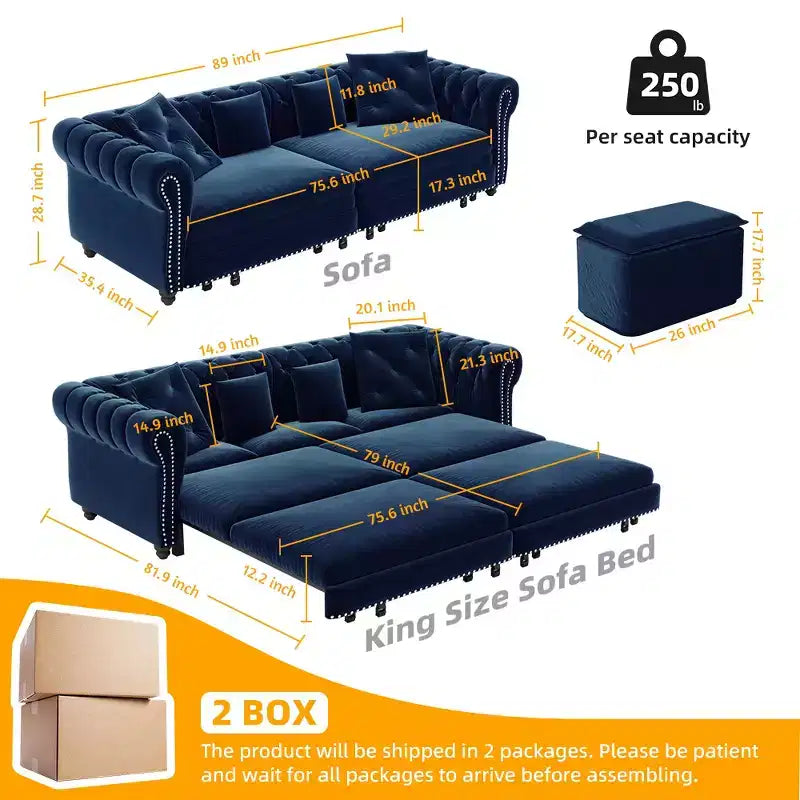 Whisen fluwelen 3-in-1 kingsize slaapbank en converteerbare slaapbank met verplaatsbare hocker, gecapitonneerd ontwerp