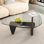 Dreieckiger Couchtisch aus Holz mit Glasplatte