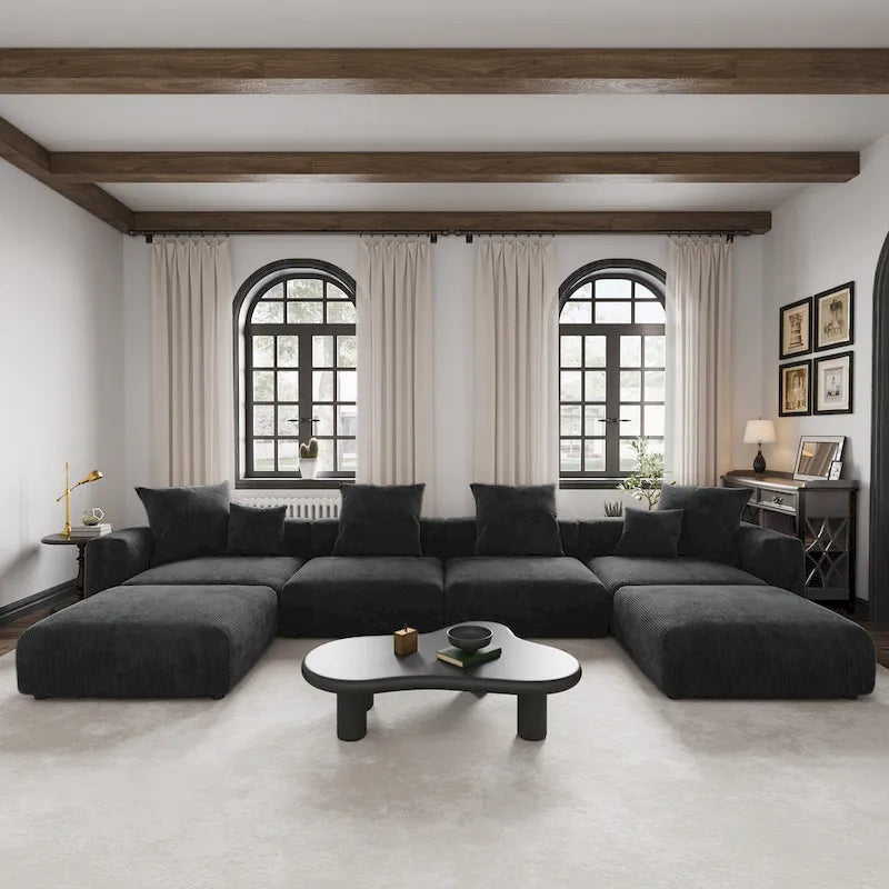 Großes modulares Ecksofa mit Cordbezug, U-förmig, 4-Sitzer, mit 2 Hockern und 5 Kissen