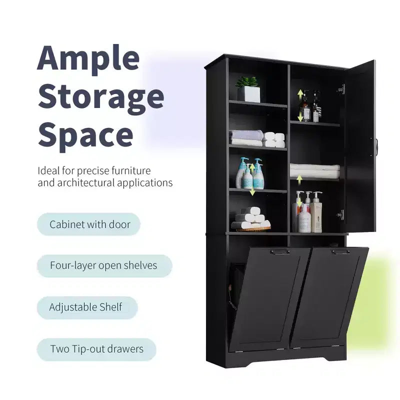 Koupelnová úložná skříňka s dvířky a zásuvkami, výklopným košem na prádlo, mnoha úložnými prostory a volně stojícím designem