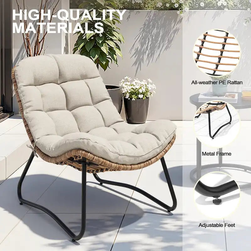 Papasan-Stühle für den Außenbereich mit Kissen, gemütliche Terrassenstühle aus PE-Rattan mit Beistelltisch