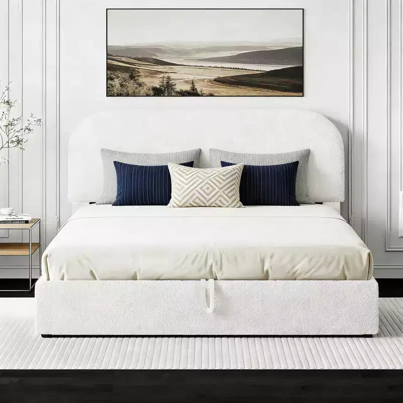 Letto imbottito matrimoniale con contenitore sollevabile - bianco