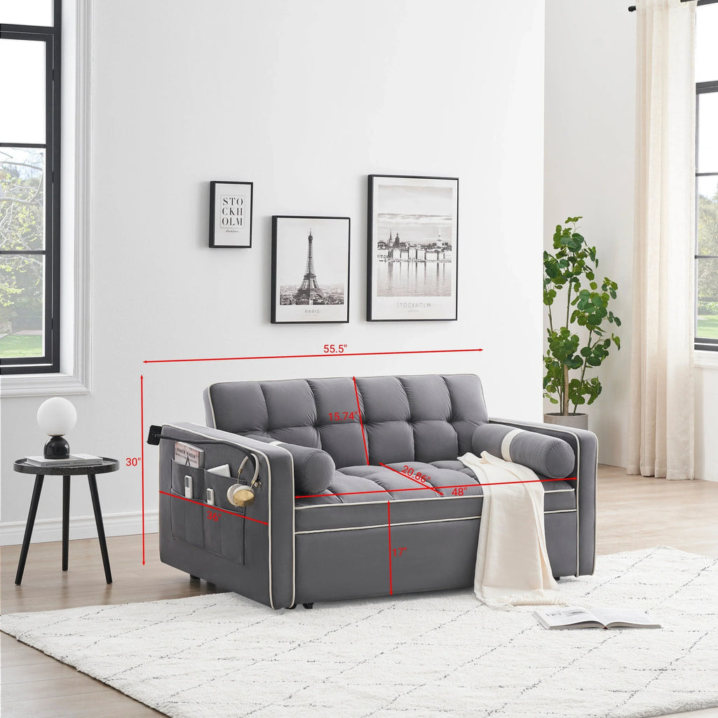 Sofá-Cama Convertível de Veludo para 2 Pessoas, com 55', Cama Extensível, Encosto Reclinável Ajustável, Bolsos Laterais e Suporte para Telemóvel