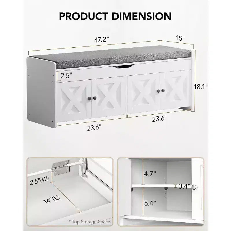 Banc à chaussures de 47,2 pouces de long pour l’entrée, avec assise rembourrée, rangement à couvercle relevable, 4 portes, capacité de 300 lb, banc avec range-chaussures pour l’entrée