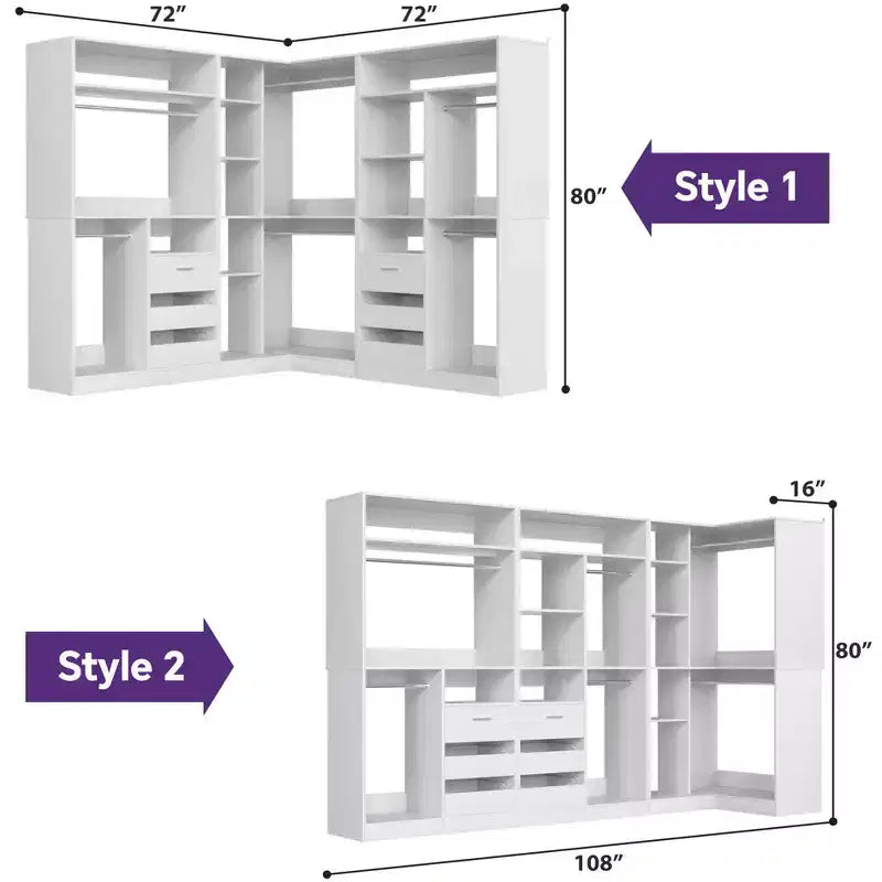 Ensemble Besiost de 3 éléments pour dressing d’angle avec étagères en colonne et tiroirs, organisateur de dressing autoportant avec tringles
