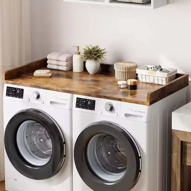 Plan de travail pour lave-linge et sèche-linge, plateau de buanderie avec rebord surélevé et tapis antidérapant pour panier à linge, rangement et organisation de la buanderie