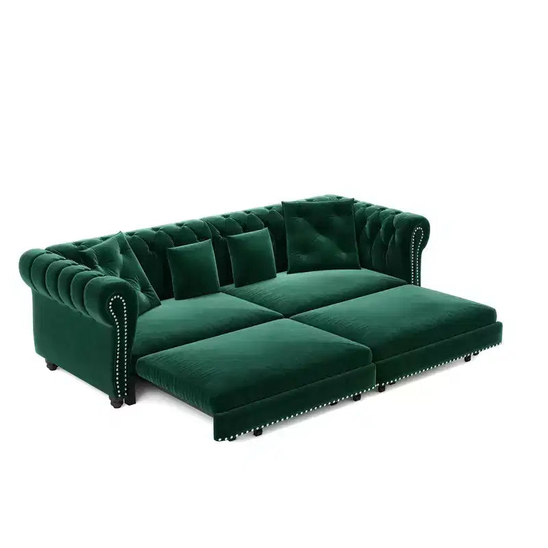 Whisen fluwelen 3-in-1 kingsize slaapbank en converteerbare slaapbank met verplaatsbare hocker, gecapitonneerd ontwerp