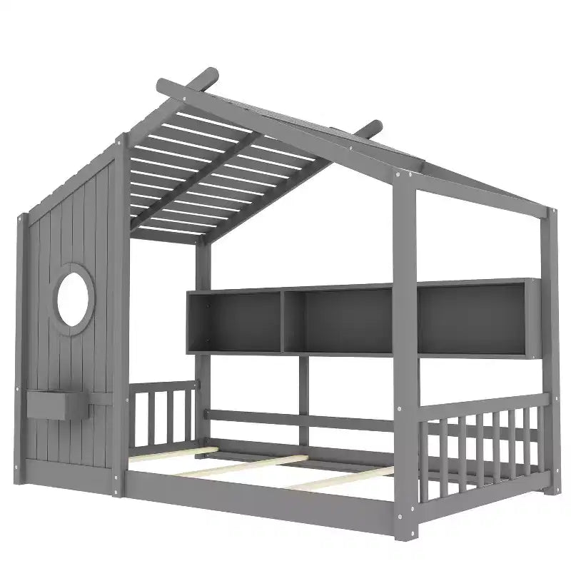 Dětská postel domeček typu Twin/Full, Montessori podlahová postel s úložnou policí – ModernLuxe