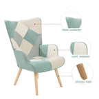 Akzentstuhl mit Hocker, Sitzgruppe aus Wohnzimmersessel und Hocker, bequemer Sessel mit Armlehnen für das Schlafzimmer, kreative Stoffoberfläche mit Patchwork-Design