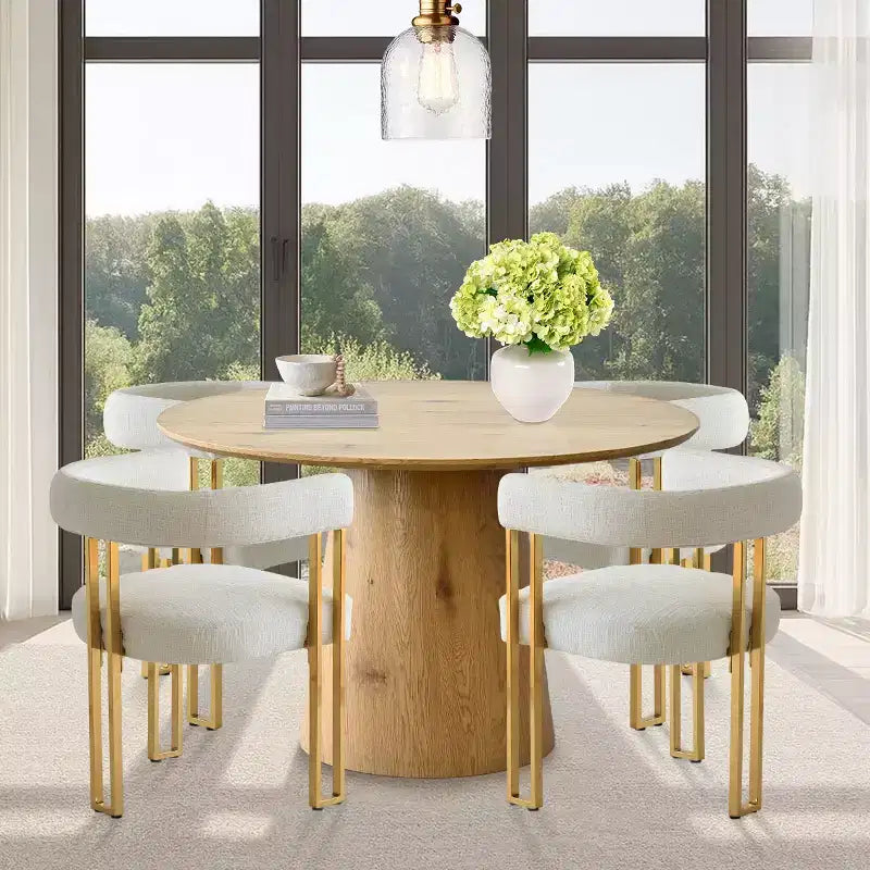 Conjunto de mesa de jantar extensível de redonda para oval com 4 cadeirões de veludo, design moderno com pé central, acomoda até 8 pessoas-Panipeachy