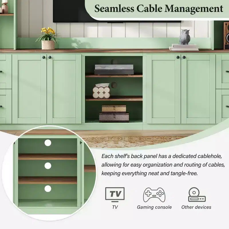 Ensemble mural de centre multimédia de style ferme 4-en-1 ModernLuxe, compatible avec les téléviseurs jusqu'à 70 pouces, meuble TV avec étagères réglables et tiroirs