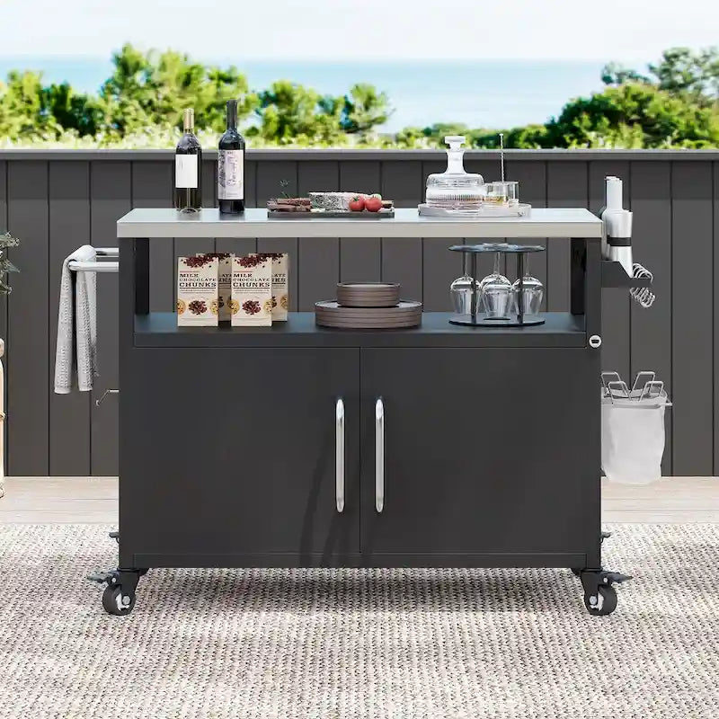 Isola da cucina per esterni con piano in acciaio inox, tavolo carrello per barbecue in metallo con mobiletto contenitore - N/A