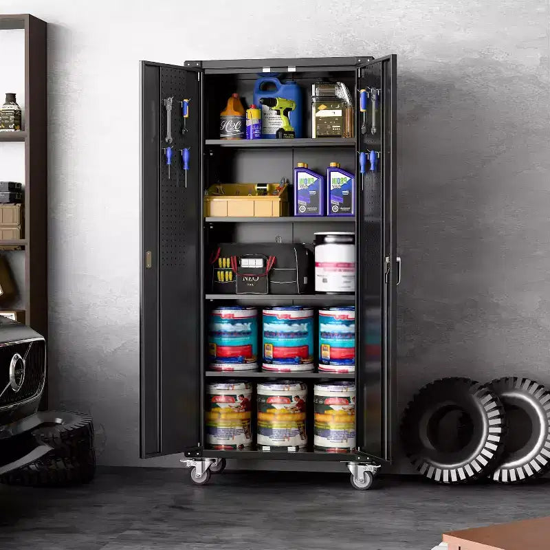 Armoire de rangement de garage à roulettes avec panneau perforé, armoire métallique verrouillable de 72 pouces de hauteur avec 2 portes et 4 étagères réglables pour atelier de garage