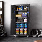 Armoire de rangement de garage à roulettes avec panneau perforé, armoire métallique verrouillable de 72 pouces de hauteur avec 2 portes et 4 étagères réglables pour atelier de garage