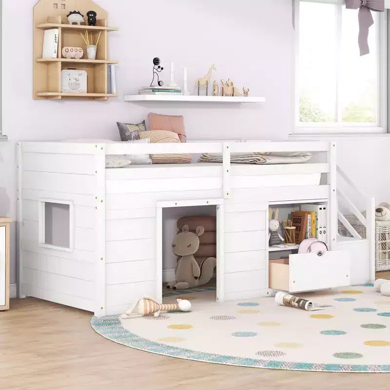 Letto rialzato basso singolo in legno massello da 94,6 L x 42,3 L, con scala, cassetto e ripiano, design moderno e pulito