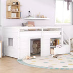 Letto rialzato basso singolo in legno massello da 94,6 L x 42,3 L, con scala, cassetto e ripiano, design moderno e pulito