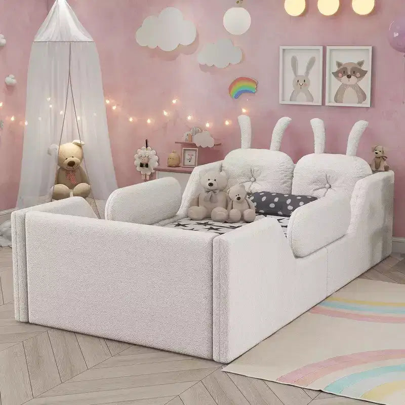 Whisen Einzelbett mit Plattform, gepolstertes Bodenbettgestell für Kinder mit Hasenkissen und abnehmbaren Seitengittern