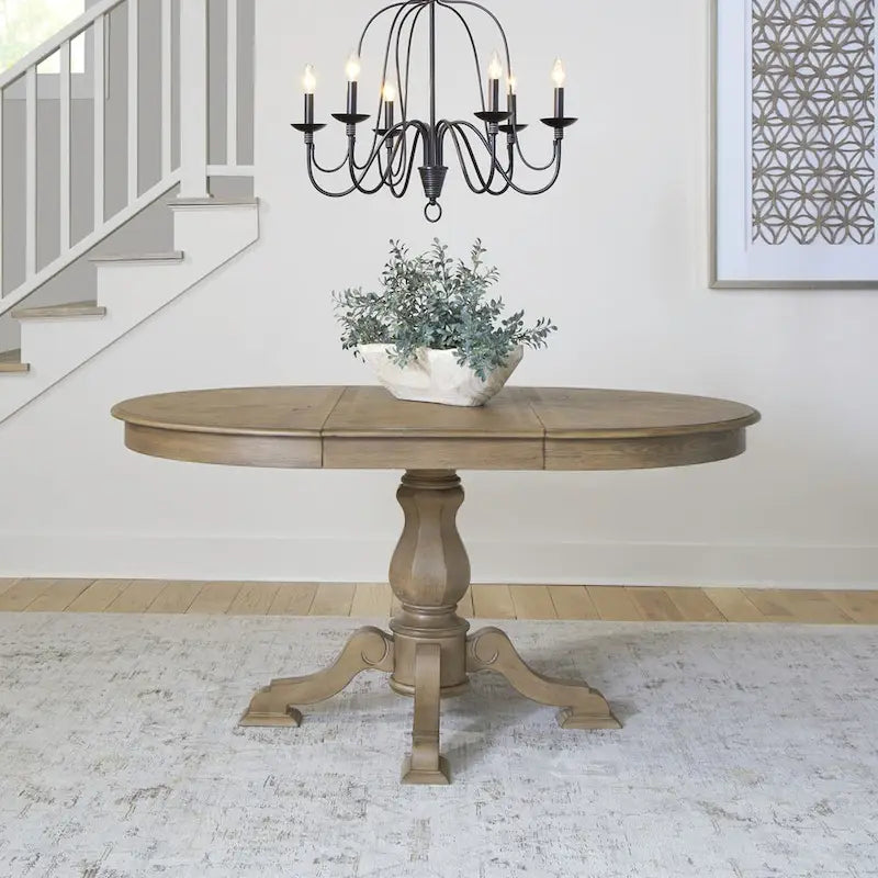 Mesa de jantar redonda com pé central Magnolia Manor e extensões - 2 acabamentos