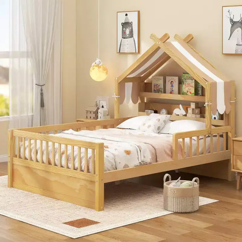 Cama-casa de madeira ModernLuxe para colchão individual/cama de casal com cabeceira com arrumação, estrutura de cama infantil em pinho maciço com grades de proteção