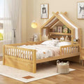 Cama-casa de madeira ModernLuxe para colchão individual/cama de casal com cabeceira com arrumação, estrutura de cama infantil em pinho maciço com grades de proteção