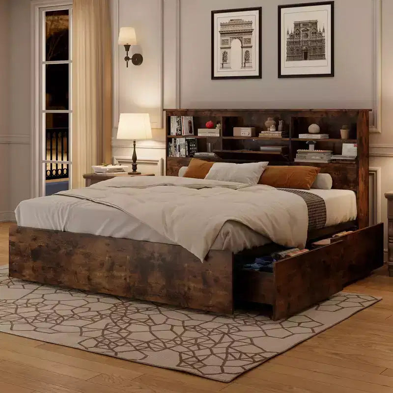 Cadre de lit 2 places avec tête de lit de rangement, cadre de lit en bois avec 4 tiroirs, bibliothèque de rangement et lit plateforme king size avec solide support métallique