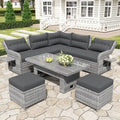 Outdoor-Rattanmöbel-Set mit verstellbarem Tisch, Relaxsesseln und 2 Hockern