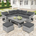Outdoor-Rattanmöbel-Set mit verstellbarem Tisch, Relaxsesseln und 2 Hockern