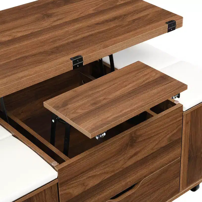 Mesa de centro moderna multifunções com tampo elevável, arrumação oculta, 4 bancos e rodízios, perfeita para espaços de estar modernos