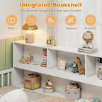 Montessori-Bodenbett in Twin-/Full-Größe mit Bücherregal, Stauraumfächern und Sicherheitsgittern, Weiß/Grau