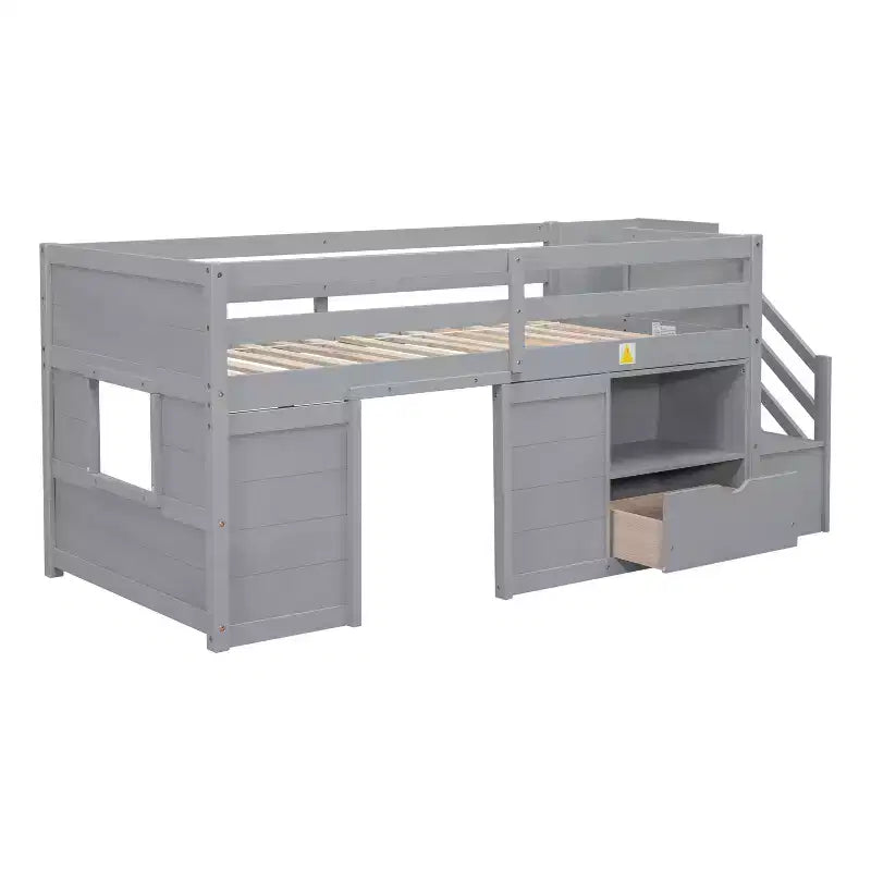 Letto rialzato basso singolo in legno massello da 94,6 L x 42,3 L, con scala, cassetto e ripiano, design moderno e pulito