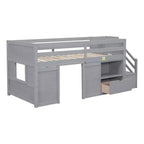 Letto rialzato basso singolo in legno massello da 94,6 L x 42,3 L, con scala, cassetto e ripiano, design moderno e pulito