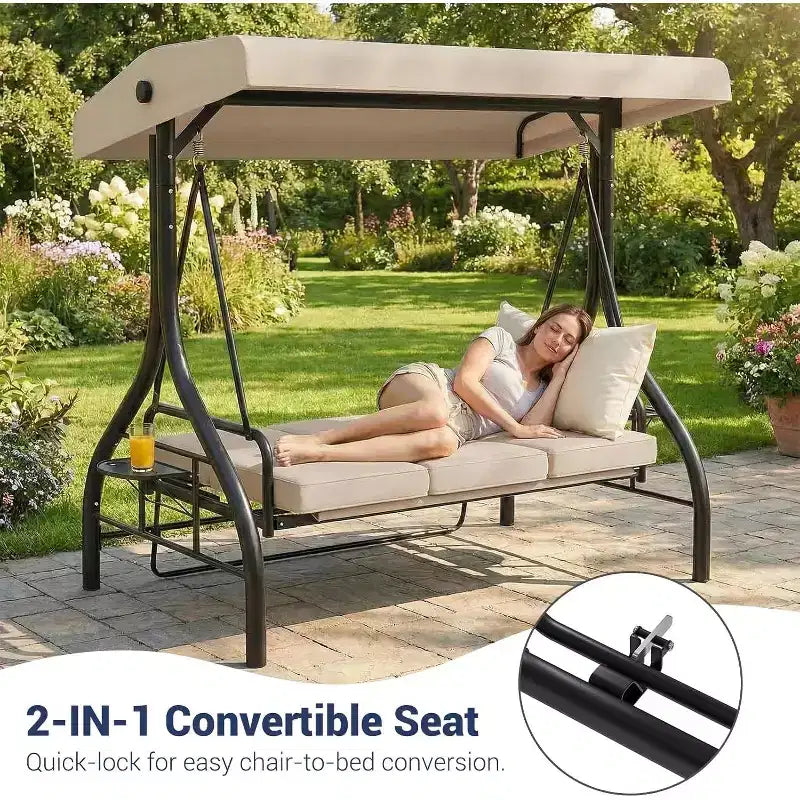 Altalena da esterno convertibile 2-in-1 a 3 posti con tettuccio regolabile, letto-altalena da patio con supporto, cuscini spessi e portabicchieri, per cortile, giardino e veranda