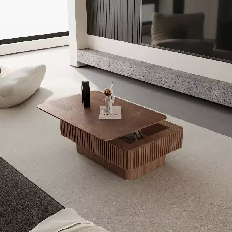 JVNOXK 38,6' geriffelter Couchtisch mit Hubplatte und Stauraum, höhenverstellbarer moderner Beistelltisch mit Echtholzfurnier für Wohnzimmer und Schlafzimmer, Walnuss
