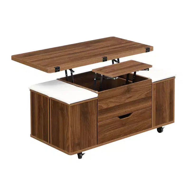 Mesa de centro moderna multifunções com tampo elevável, arrumação oculta, 4 bancos e rodízios, perfeita para espaços de estar modernos