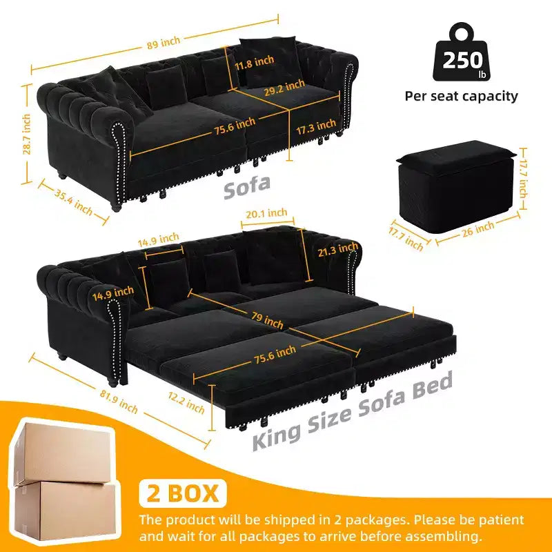 Whisen fluwelen 3-in-1 kingsize slaapbank en converteerbare slaapbank met verplaatsbare hocker, gecapitonneerd ontwerp