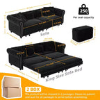 Whisen fluwelen 3-in-1 kingsize slaapbank en converteerbare slaapbank met verplaatsbare hocker, gecapitonneerd ontwerp