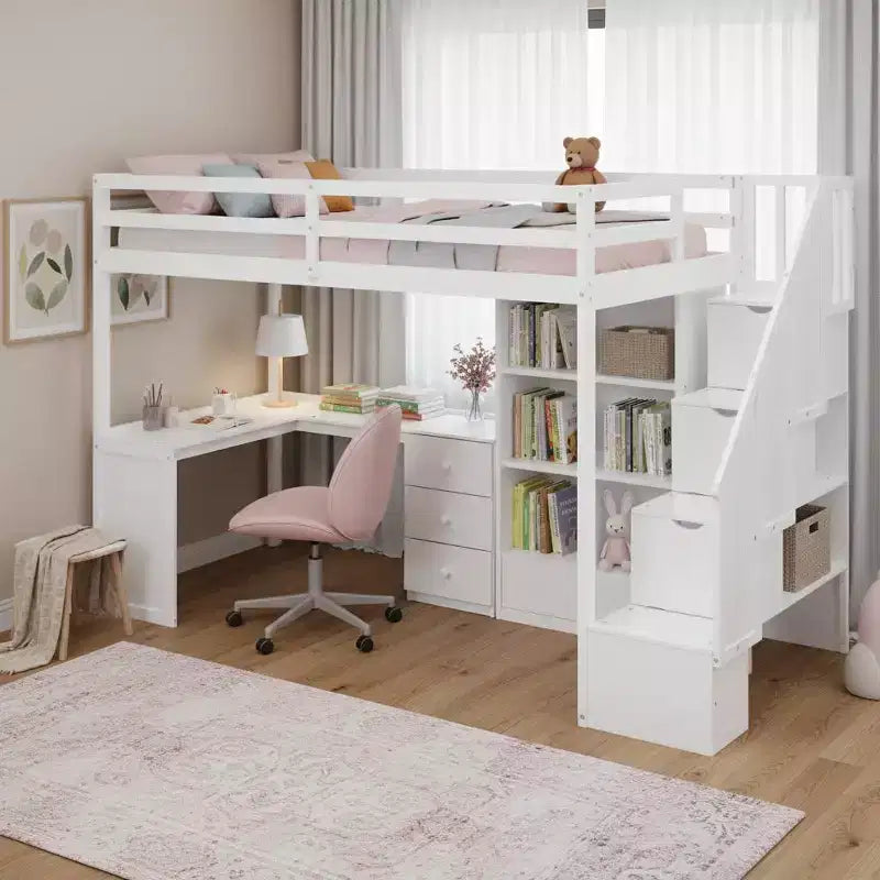 Hochbett in Twin-Größe mit L-förmigem Schreibtisch, 3 Schubladen, Schrank und Stauraum in der Treppe, Konstruktion aus massivem Kiefernholz/MDF