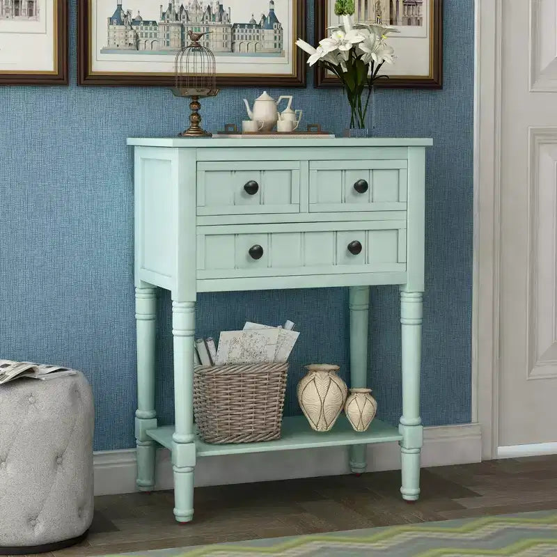 Console étroite de 60,2 cm avec 3 tiroirs et étagère, table de canapé pour petit espace, entrée ou salon