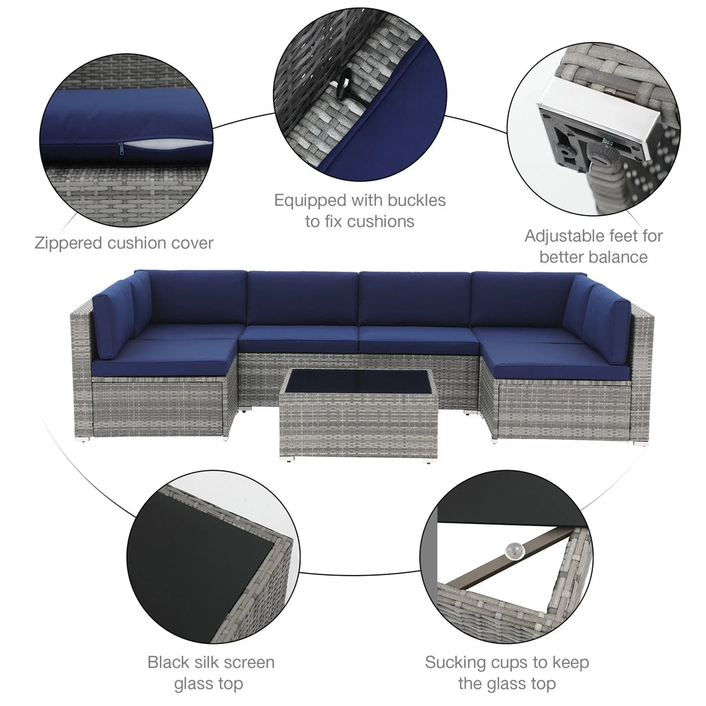 Ensemble de canapé modulaire d’extérieur rembourré en osier et acier, 7 pièces