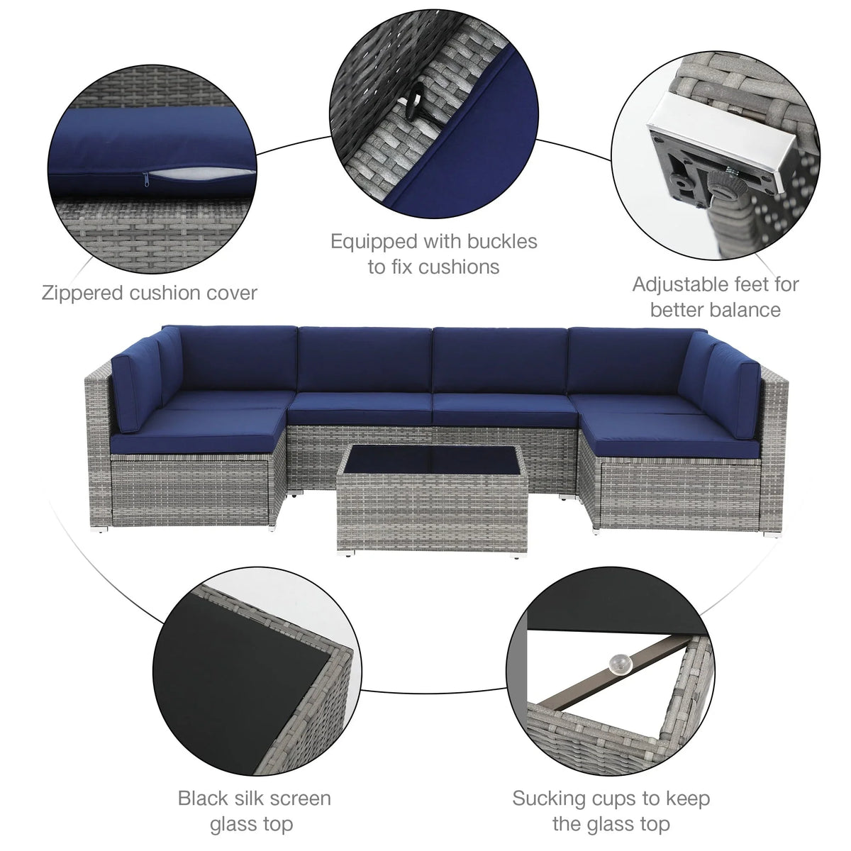 Ensemble de canapé modulaire d’extérieur rembourré en osier et acier, 7 pièces