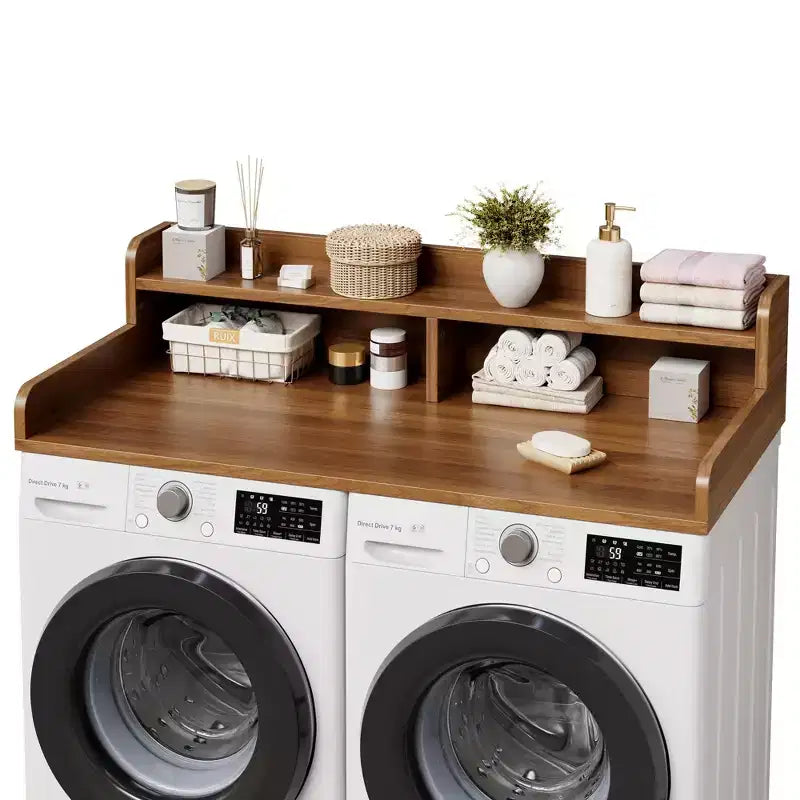 Dessus de lave-linge et sèche-linge en bois, plan de travail de buanderie de 54 po avec étagère de rangement à 2 niveaux, surface de travail antidérapante avec rebords pour l'organisation de la buanderie