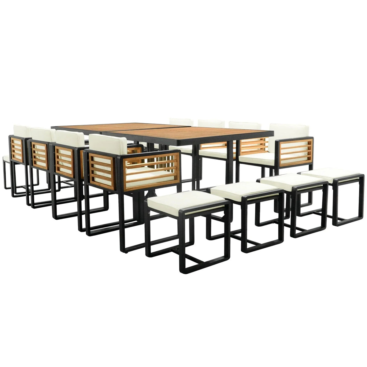 Set da pranzo da esterno in legno di acacia da 18 pezzi, 8 sedie imbottite, 8 pouf e 2 tavoli quadrati