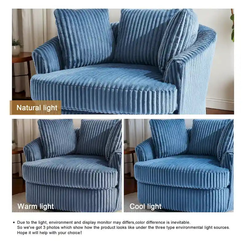 Fauteuil pivotant tonneau surdimensionné de 43 W en velours côtelé moelleux avec accoudoirs encastrés