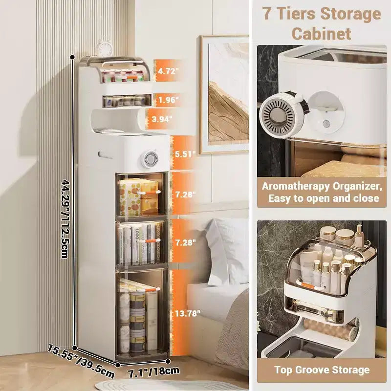 Meuble de salle de bains étroit, meuble de rangement compact à 7 niveaux avec organisateurs étanches, porte-boîte à mouchoirs et roulettes, idéal pour la salle de bains, la cuisine et la buanderie