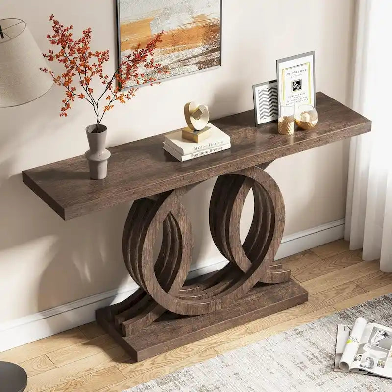 Mesa de consola vintage com base geométrica, mesa de madeira para corredor